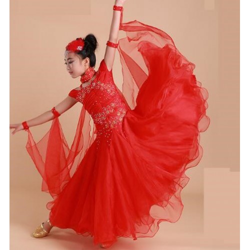 Yellow red turquoise Children Standard Ballroom Dance Competition Dresses Waltz/Tango Dresses Kids For Sale Girls Jazz Dance Costumes